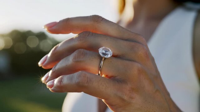 Close-up of woman's hand showing large solitaire diamond engagement ring in sunlight, concept for jewelry advertising, romantic proposal and luxury branding