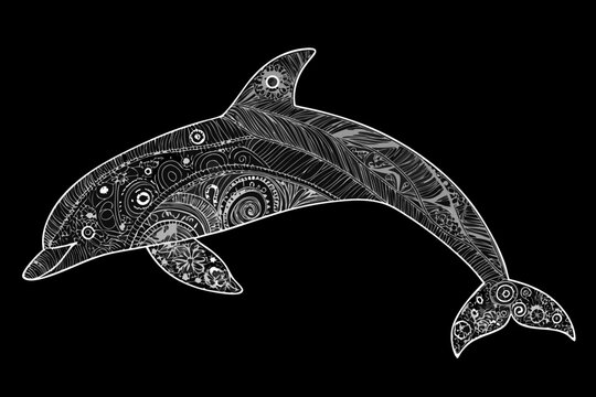 Intricate zentangle dolphin illustration against a solid black background