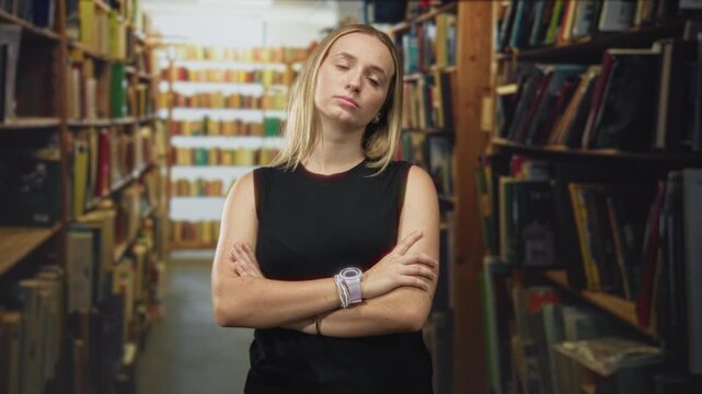 Woman wearing black sleeveless top and smartwatch, standing with arms crossed and visible forearms amid tall bookshelves in a library aisle; indifference.