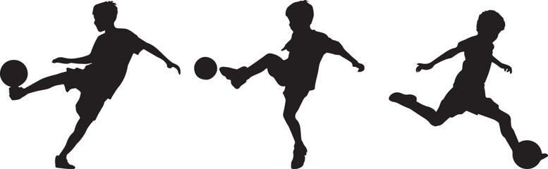 Black silhouette of a young boy kicking a soccer ball, dynamic action pose. Set of 3 black silhouette soccer player icons vector © Nazia