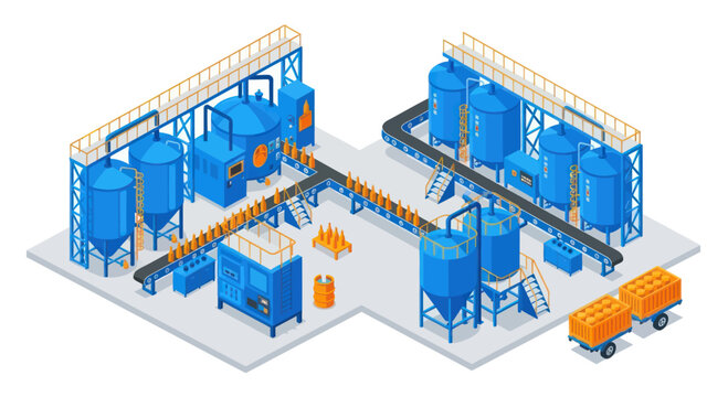 Industrial Brewery Production Plant with Tanks and Conveyor System.