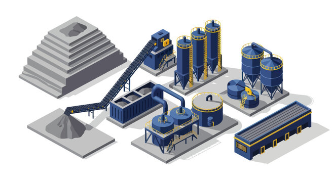 Industrial cement factory complex with silos and conveyor belts.