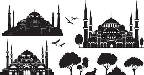 Istanbul Mosque Silhouette Vector Set with Islamic Architecture and Domes