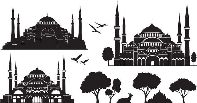 Istanbul Mosque Silhouette Vector Set with Islamic Architecture and Domes