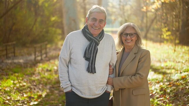 Happy senior couple enjoying a walk in the park during autumn with golden leaves and sunlight