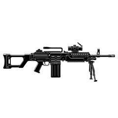 Tactical Light Machine Gun Illustration with Bipod and Red Dot Sight Scope