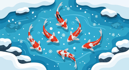 Obraz premium Koi fish swimming in icy water, winter scene