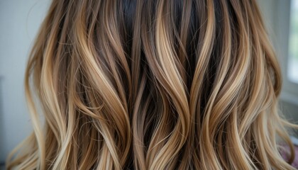 Naklejka premium Close-up view of long, wavy hair with a mix of blonde and light brown highlights.