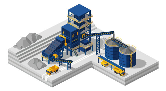 Industrial concrete batching plant isometric illustration.