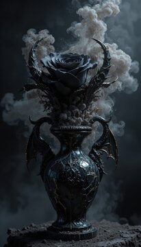 A dark, ornate vase with dragon wings and horns holds a black rose, surrounded by swirling smoke in a mysterious, gothic atmosphere.