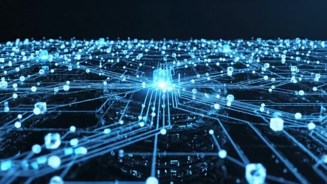 Exploring a digital network of glowing connections in a dark space during a tech presentation