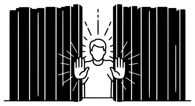 Silhouette icon representing a person breaking free from dark vertical barriers or prison bars symbolizing escape, freedom, and overcoming major personal limitations successfully.