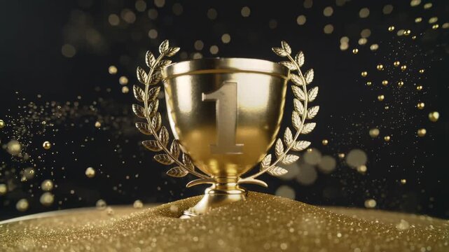 Golden number one trophy with laurel wreath sitting on sparkling sand and confetti, concept for award ceremony promotion, business success achievement and luxury celebration marketing