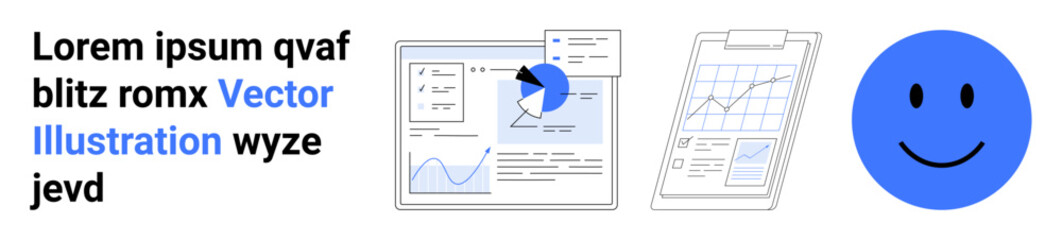Obraz premium Business analytics, data visualization, performance reviews, corporate communication, reporting tools, emotional intelligence. Graph charts, documents and a smiling face icon. Business analytics