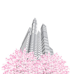 桜が咲く春の街並みイラスト. 
