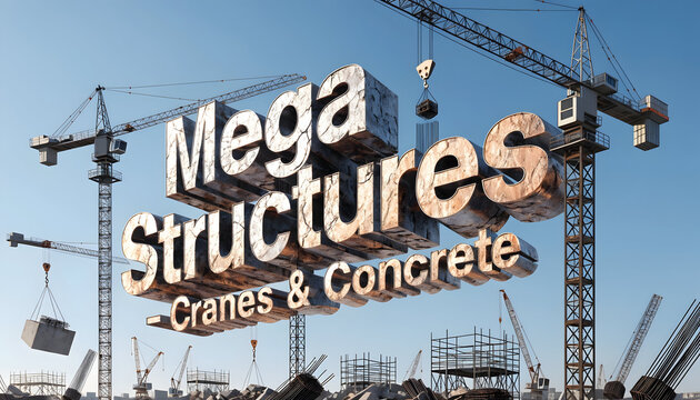 Construction site with cranes and concrete, mega structures, industrial landscape