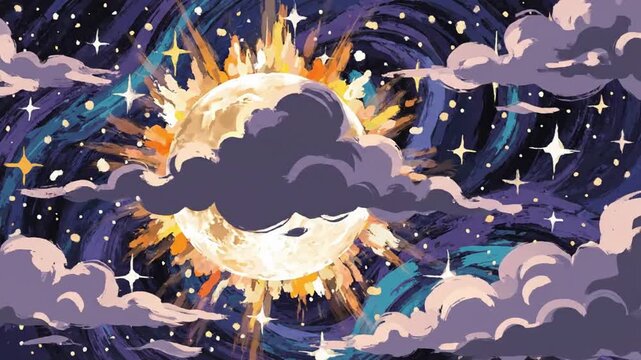 Bright moon shines through clouds at night in a colorful sky with stars