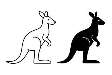 Minimalist wild animal icon, vector illustration of kangaroo, black and white in outline and silhouette design style