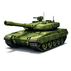 Low-poly military tank with cannon, geometric battle tank illustration, polygonal armored vehicle design, low poly army tank 3D style, faceted military vehicle artwork, modern polygon tank with turret © Tita