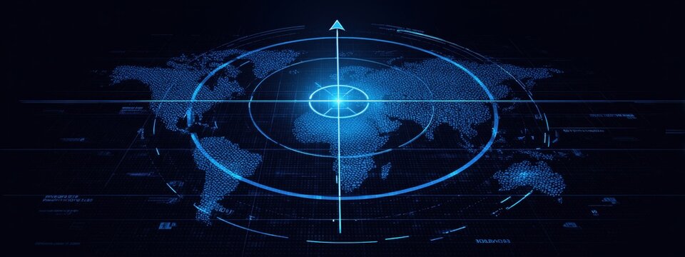 blue radar screen with an empty white circle in the center, on which there is one small glowing arrow pointing up and left and right lines indicating that it has just been drawn across Generative AI