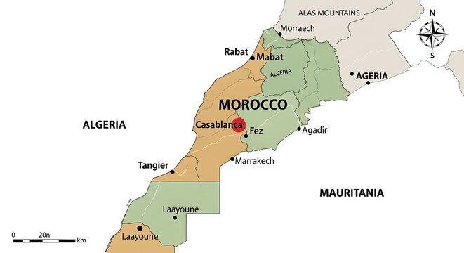 Map of Morocco with major cities and regions highlighted.