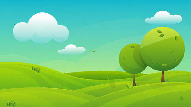 Serene green landscape with trees and rolling hills under blue sky