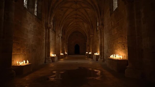 Mysterious Candlelit Hallway in Ancient Stone Building, Eerie Ambiance.