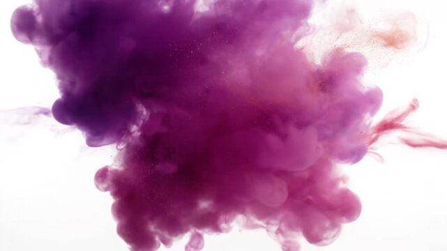 Vibrant purple and pink ink streams collide and mix in water creating