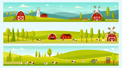 Panoramic countryside scene featuring barns windmills cows and rolling hills © Raju