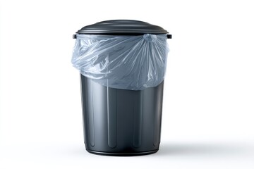 A dark gray waste bin with a lid containing a clear plastic liner tied at the rim on a white background