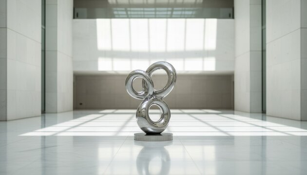 Polished Chrome Abstract Sculpture Standing with Interlocking Rings in Modern Interior Space