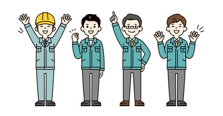 中小企業の経営者と、元気な複数の作業服を着た男性社員・作業員の全身ベクターイラスト素材セット