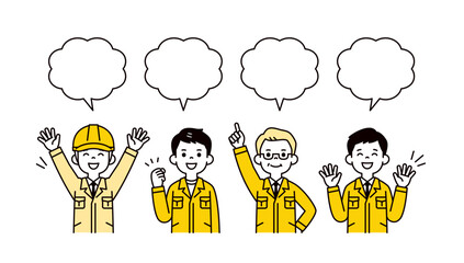 元気に意見を言う、作業服の中小企業社長と複数の男性従業員の上半身ベクターイラスト素材セット