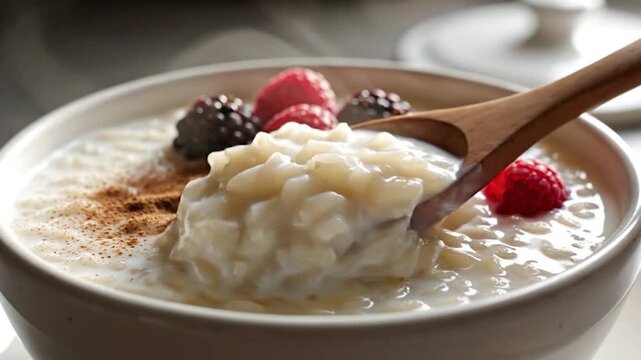 Warm and creamy rice pudding topped with fresh berries and cinnamon powder