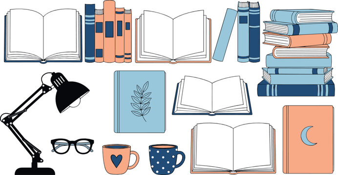 Cozy reading and study illustration set with books, lamp, mugs and glasses in flat vector style for education, learning and lifestyle design