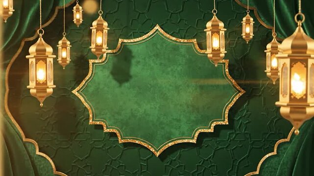 Golden lanterns illuminate a festive green background with an ornate frame