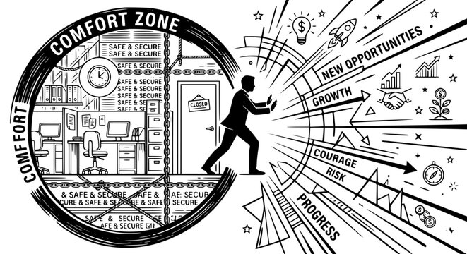 Businessman forcefully breaking through barrier of comfort zone into new opportunities achieving substantial progress through courage, growth, and risk taking