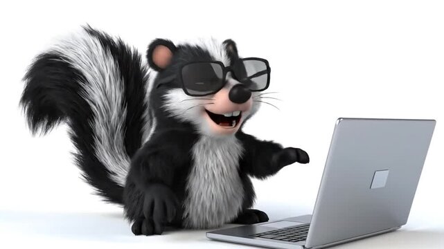 Funny Cartoon Skunk Character Using Laptop Computer Animation Sequence on White Background