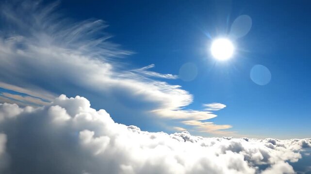 Bright sun shining intensely in a clear blue sky above f white clouds
