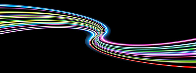 黒背景に流れるカラフルなネオン光の波線　テクノロジー・デジタル背景