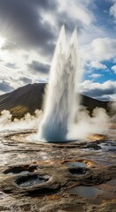 Obraz premium Powerful thermal water eruption shoots high into the partly cloudy sky above a rugged landscape.