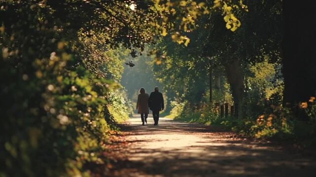 Elderly couple walking hand in hand in a park with soft morning light. Concept of love, companionship, and healthy aging in a peaceful outdoor setting.