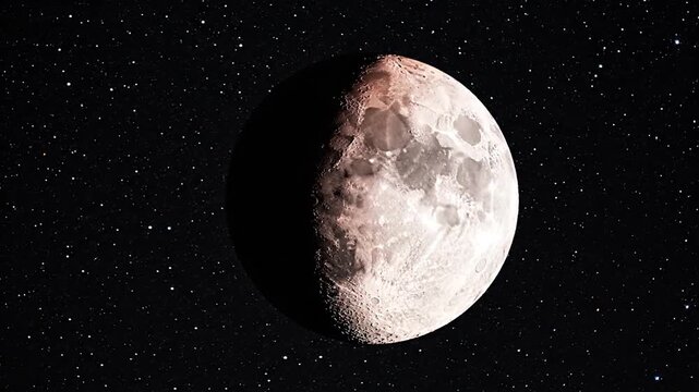 The Moon in its quarter phase illuminated against a dark starry night sky