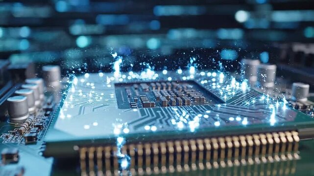Microchip with glowing connections on a circuit board in a high-tech environment viewed from a close-up angle 0301 reference