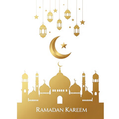 Ramadan Kareem greeting card with golden mosque and lantern decorations