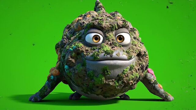 A 3D cartoon character made of dirt and leaves stands on a green background, 0301 reference