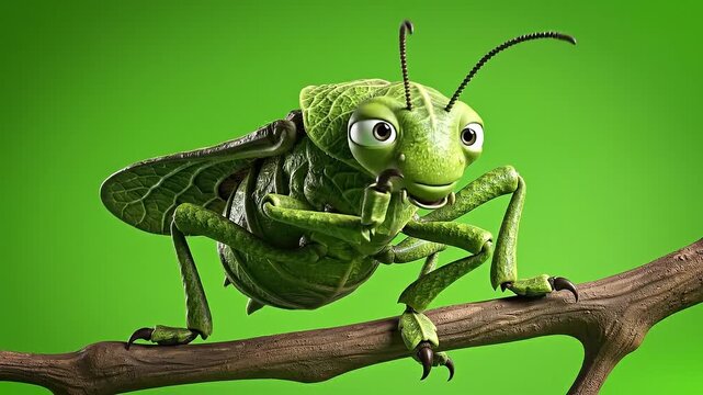 A cartoon grasshopper perched on a branch, looking directly at the camera, with a vibrant green background
