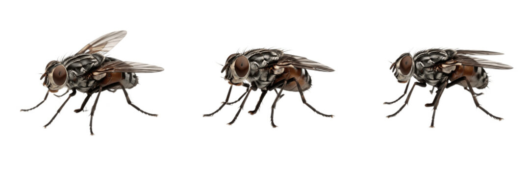 Stable fly Stomoxys calcitrans isolated on white background, blood-sucking fly, human and animal parasite, macro photography, dipteran species, insect close-up, fly extreme detail, realistic macro