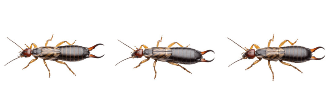 Earwig Forficula auricularia isolated on white background, pincers visible, human-associated insect, household pest, insect macro photography, close-up, earwig extreme macro, Formicidae-related insect