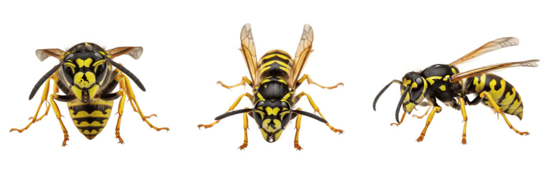Yellow jacket wasp Vespula isolated on white background, human-associated insect, macro photography, detailed wings, close-up, insect extreme macro, wasp macro, pollinator and pest insect, Vespula
